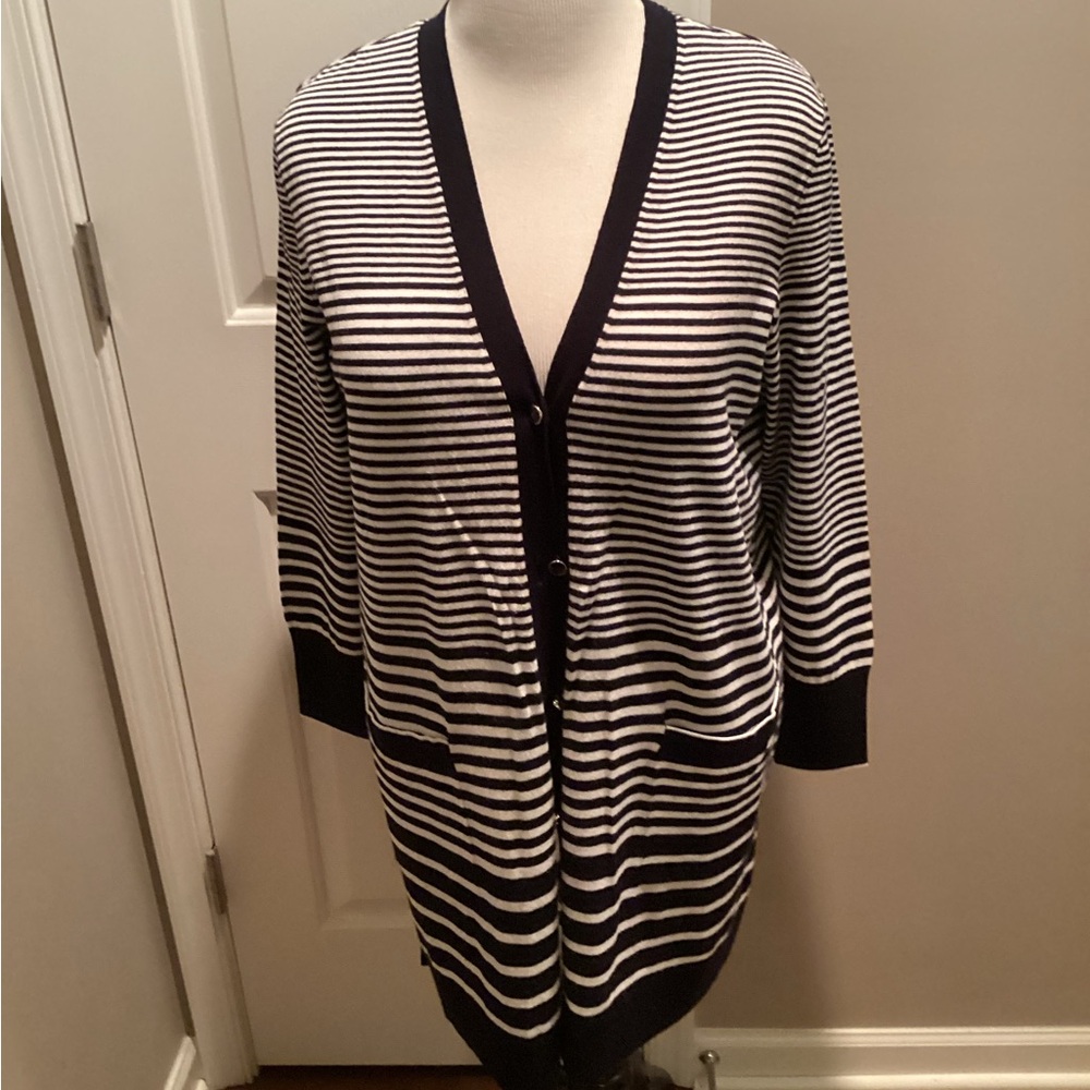 Chico's Navy and White Striped Cardigan